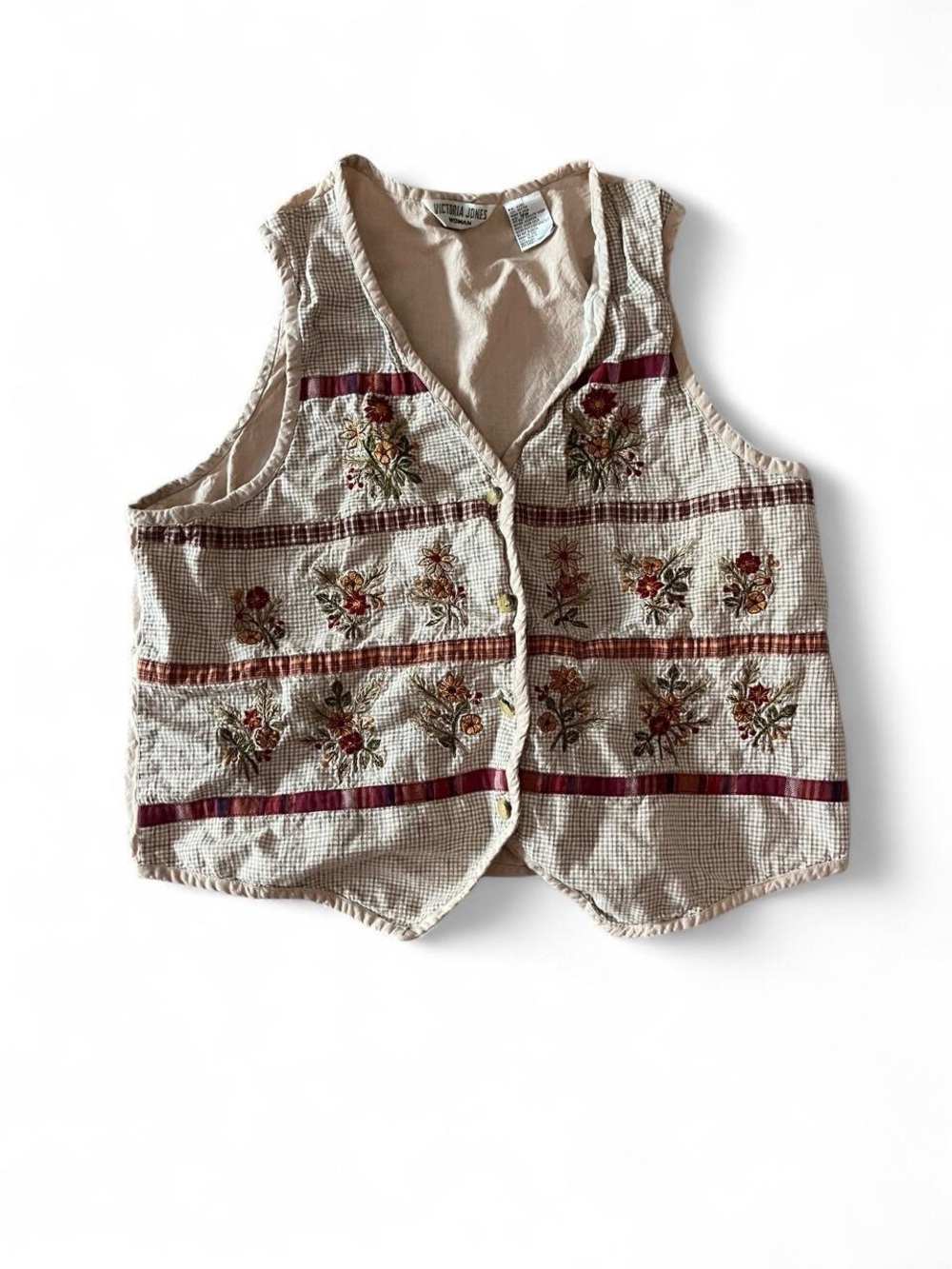 Victoria Jones Woman Beige Floral Embroidered Quilted Vest with Burgundy Trim